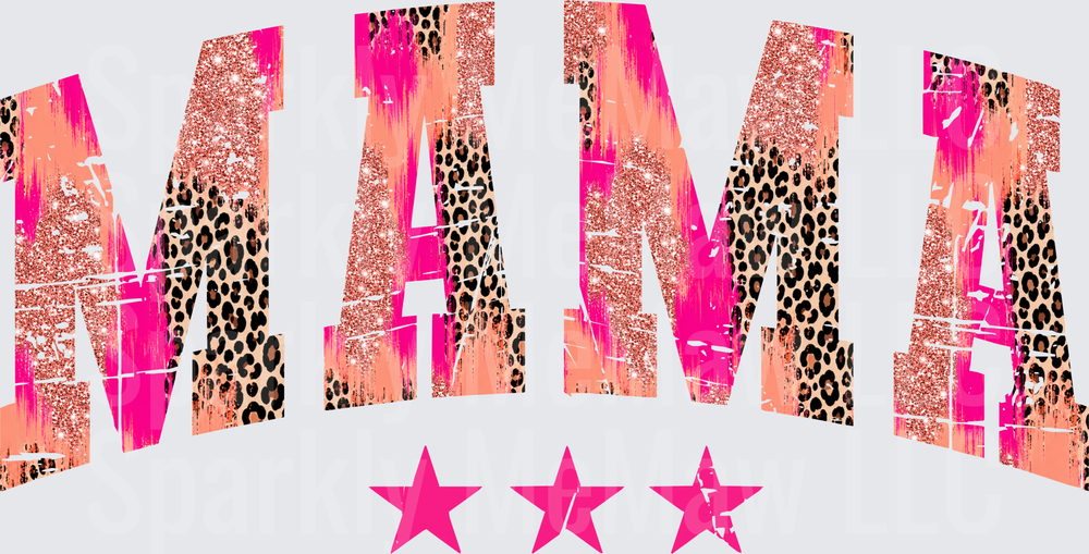 MAMA with Pink Stars UV DTF Decal - Leopard Print Rose Gold Glitter Brushstroke Design