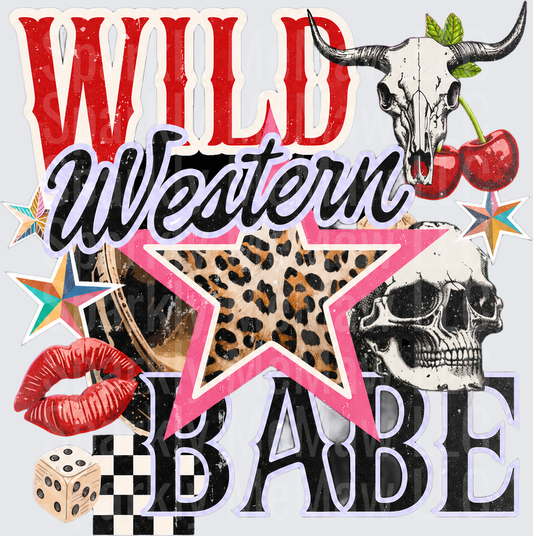 Wild Western Babe DTF Transfer Leopard Print Star Skull Bull Skull Cherries Red Lips Dice Checkered Rockabilly Western Collage Design