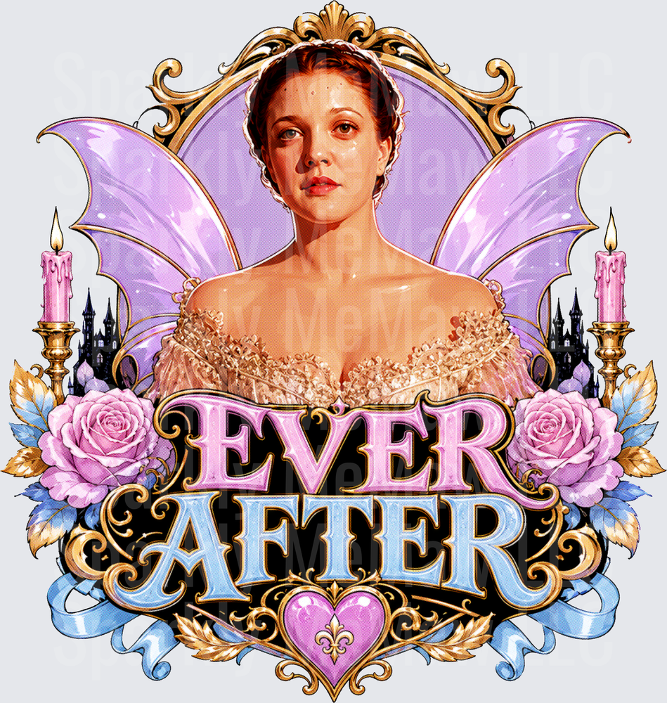 Ever After Danielle Fairy Wings Gold Ornate Frame Pink Roses Candles Castle Fleur de Lis Heart uv dtf decal
