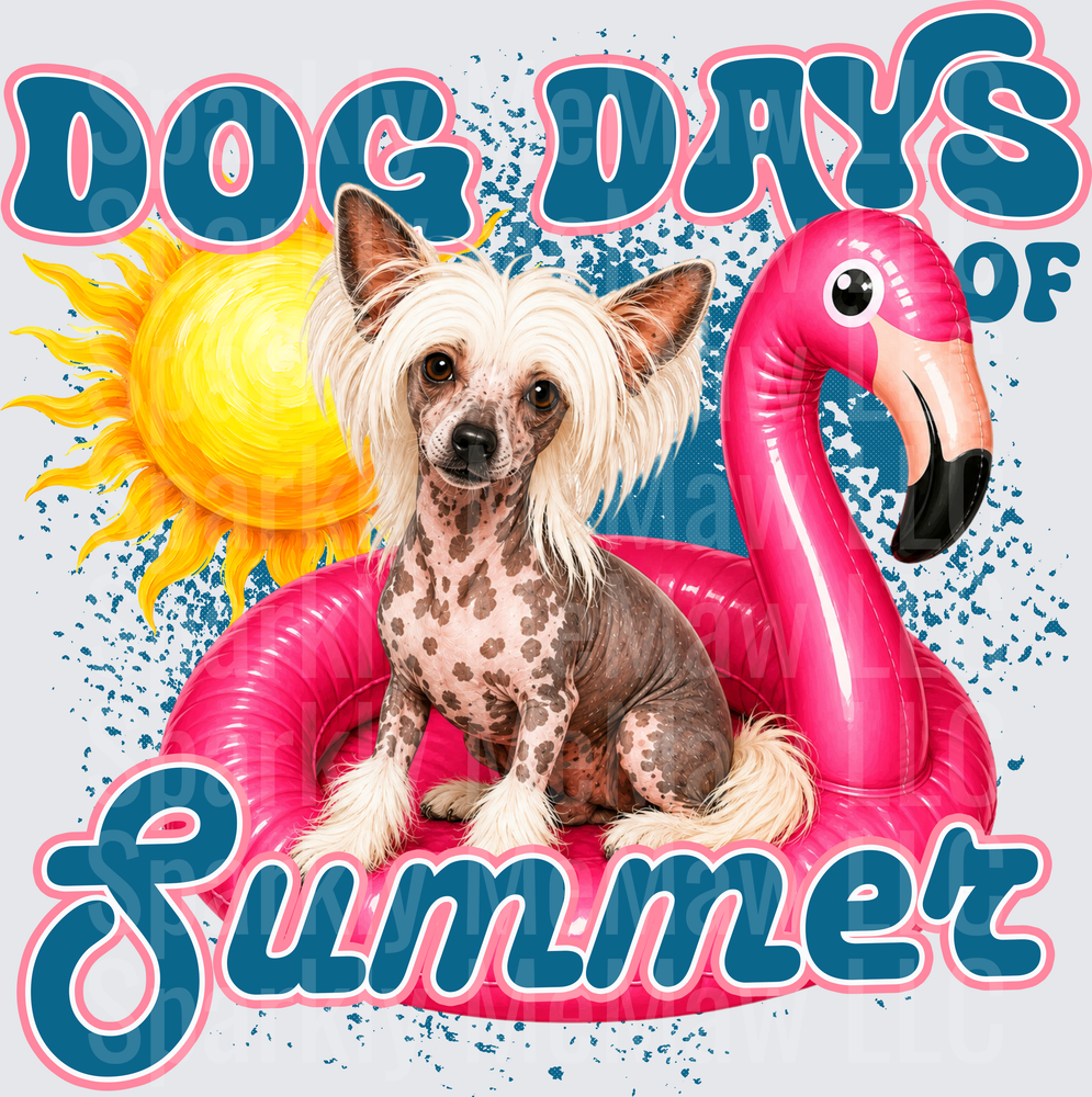 Dog Days of Summer Chinese Crested on Pink Flamingo Pool Float with Sun DTF Transfer for Fabric