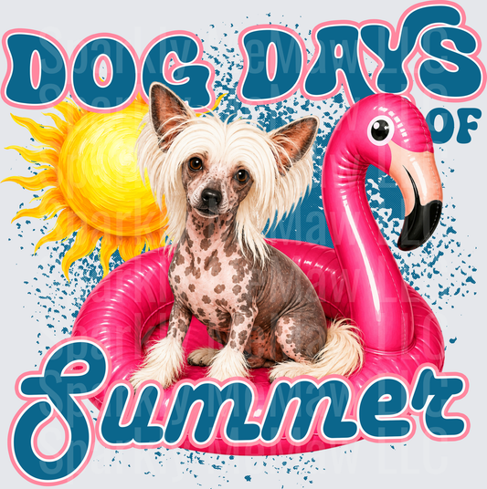 Dog Days of Summer Chinese Crested on Pink Flamingo Pool Float with Sun DTF Transfer for Fabric