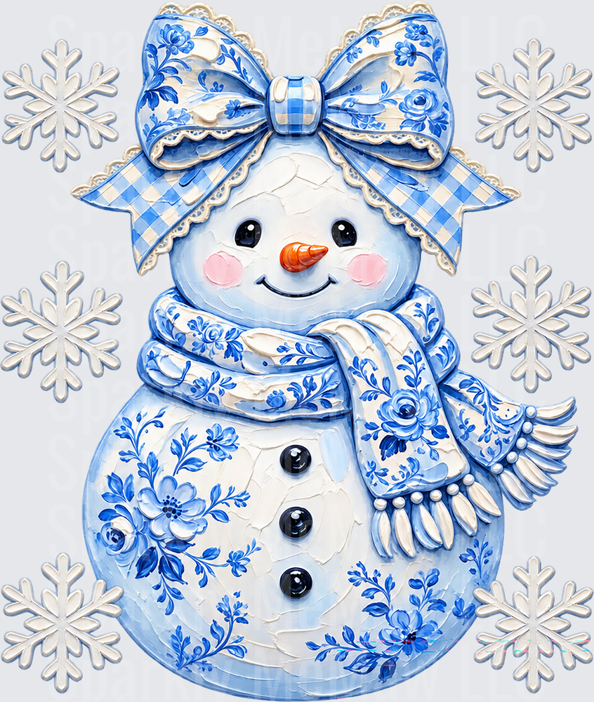 Blue Floral Snowman with Bow is a UV DTF Decal