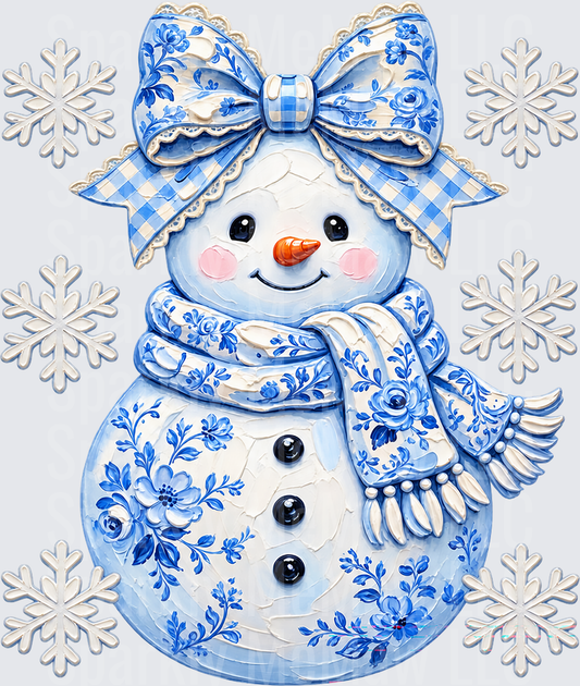 Blue Floral Snowman with Bow is a UV DTF Decal