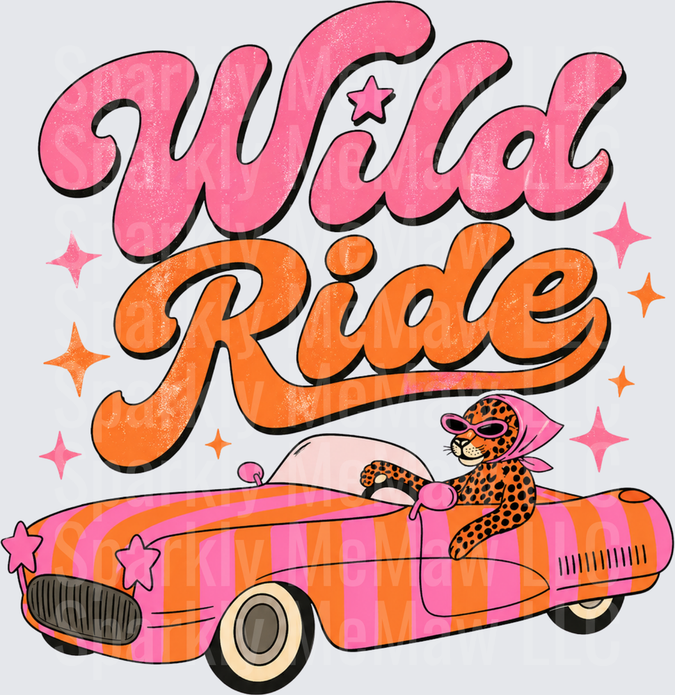 Wild Ride Retro Leopard in Pink Orange Striped Convertible Car UV DTF Decal