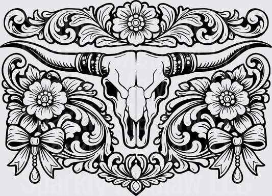 Vintage Bull Skull with Ornate Floral Victorian Scrollwork Black and White DTF Transfer for Fabric