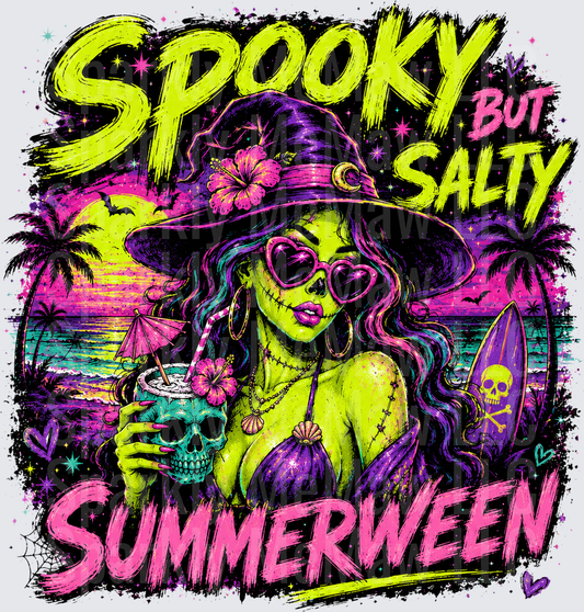 Spooky But Salty Summerween Zombie Pin-Up Girl with Tropical Beach Scene DTF Transfer