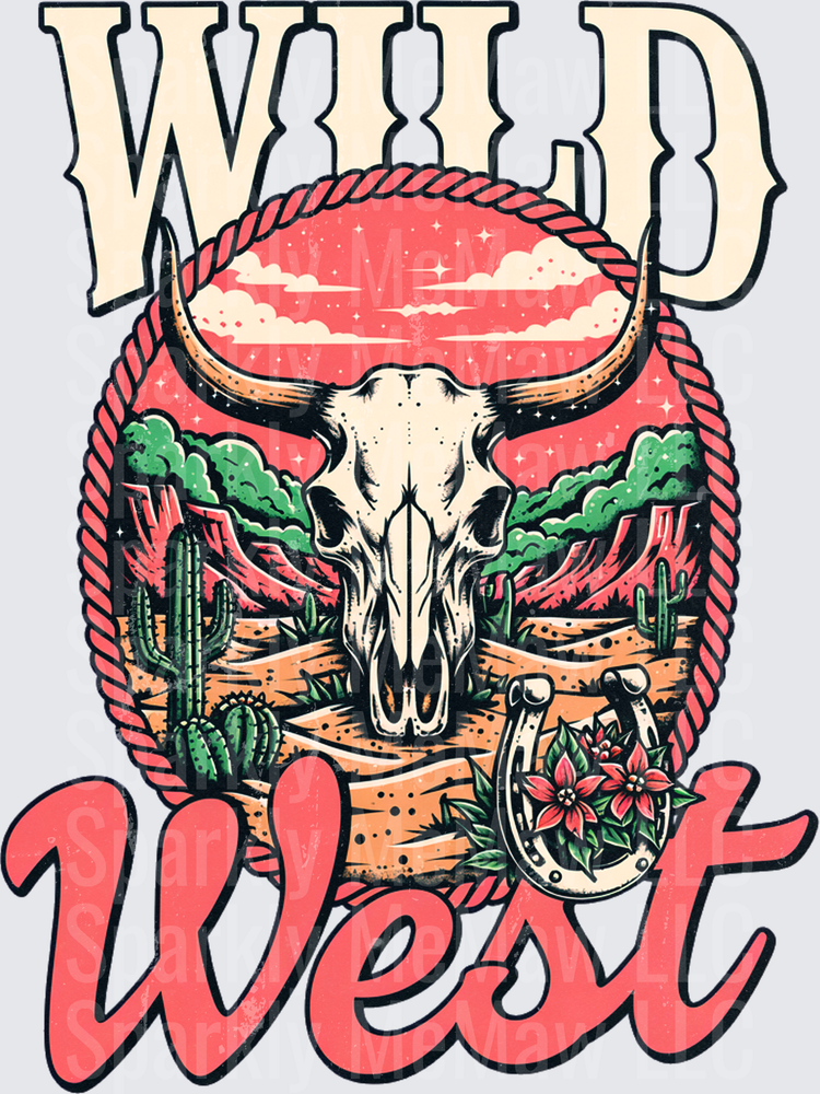 Wild West Bull Skull Desert Scene with Rope Border Horseshoe and Cactus DTF Transfer for Fabric