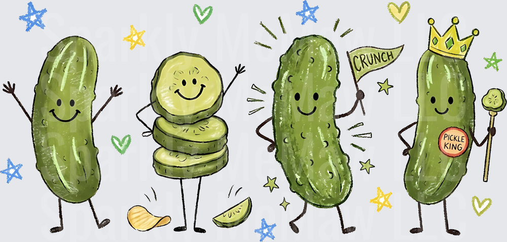 Cute Cartoon Pickle Squad with Pickle King Crown and Crunch Flag DTF Transfer for fabrics