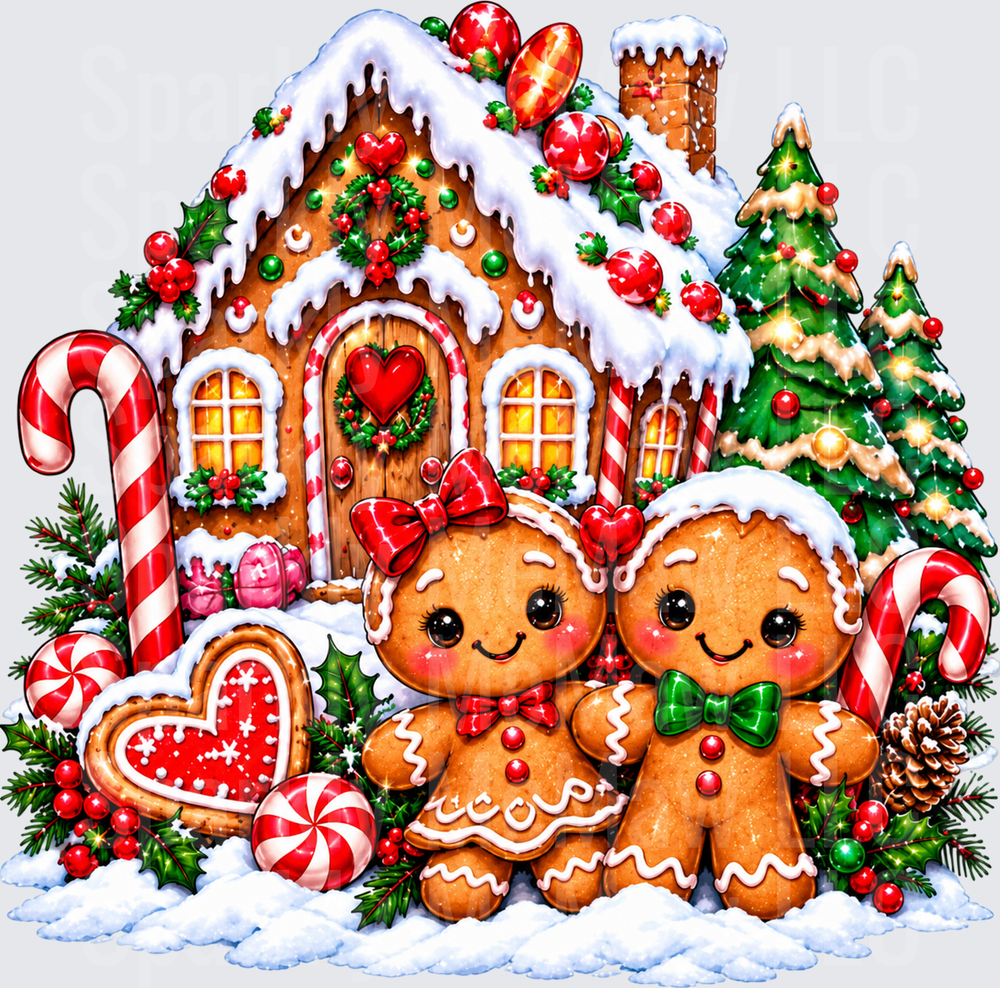 Gingerbread Couple Holiday House is a DTF Transfer for Fabrics