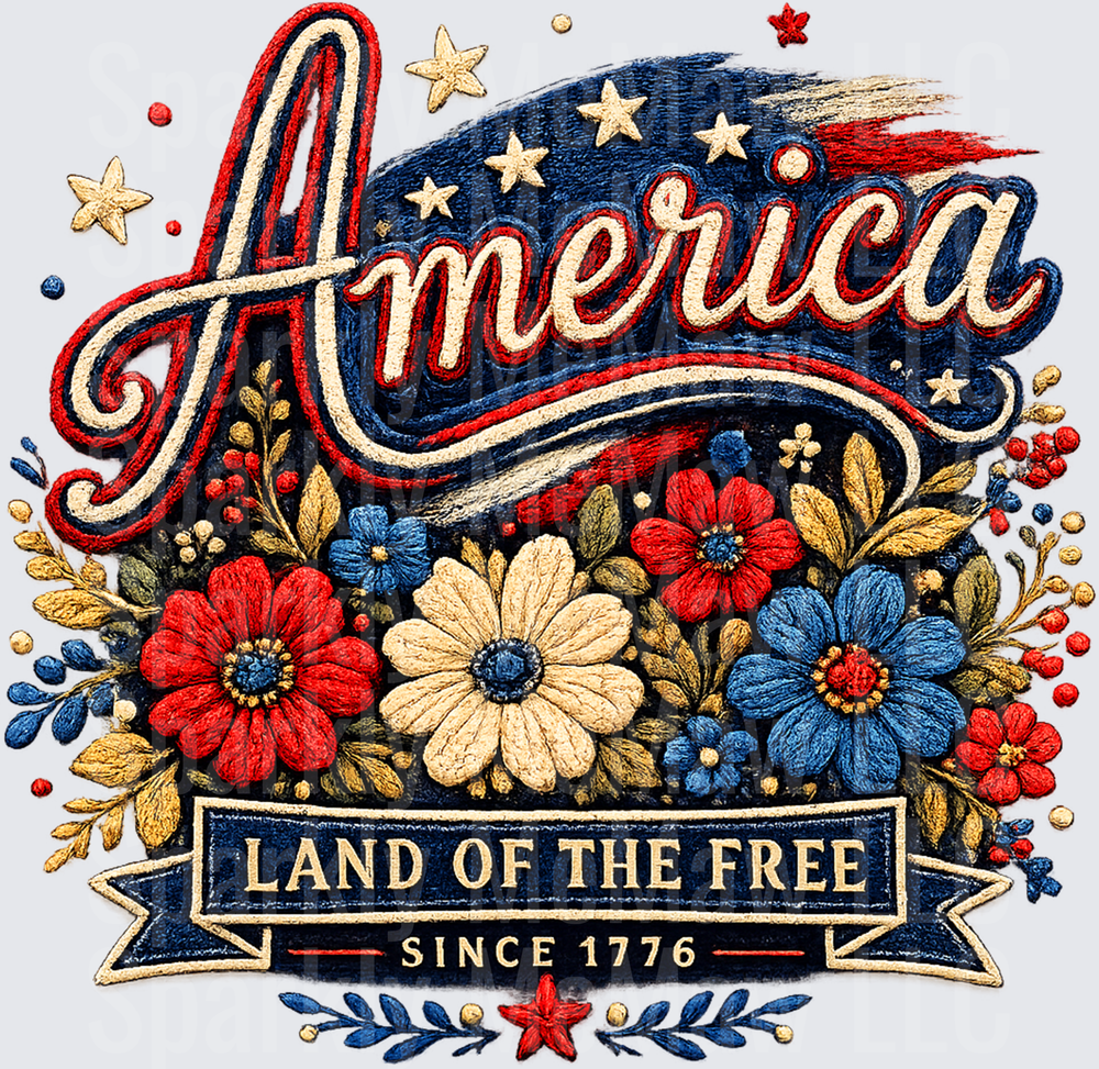 America Land of the Free Since 1776 Patriotic Floral Embroidered Style UV DTF Decal