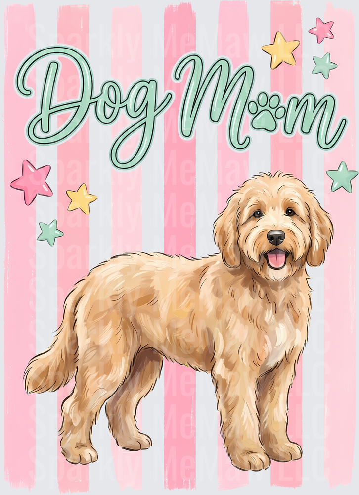 Dog Mom Golden Retriever with Paw Print and Stars on Pink Stripes UV DTF Decal