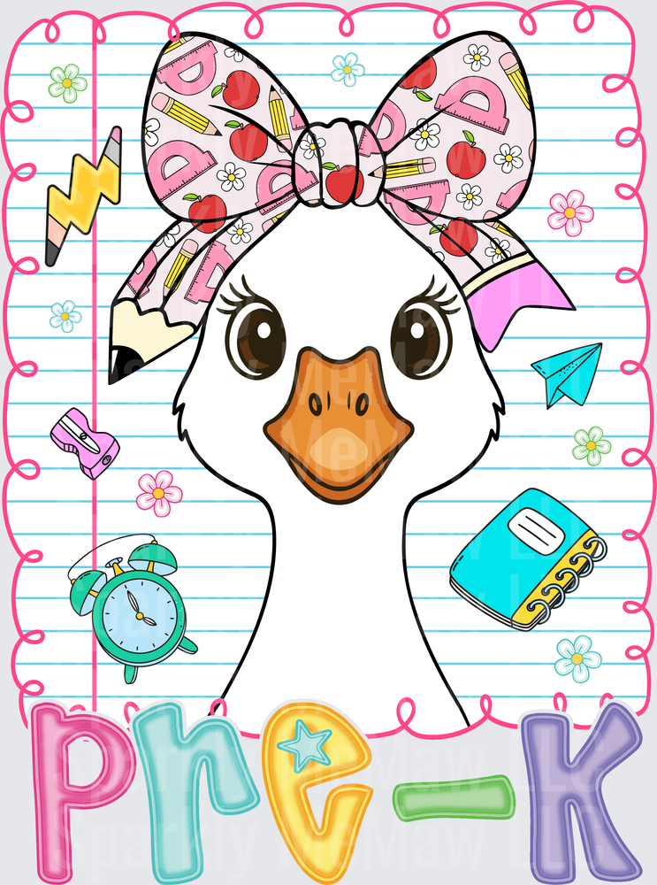 Cute White Duck with School Supplies Bow Pre-K DTF Transfer for Fabric