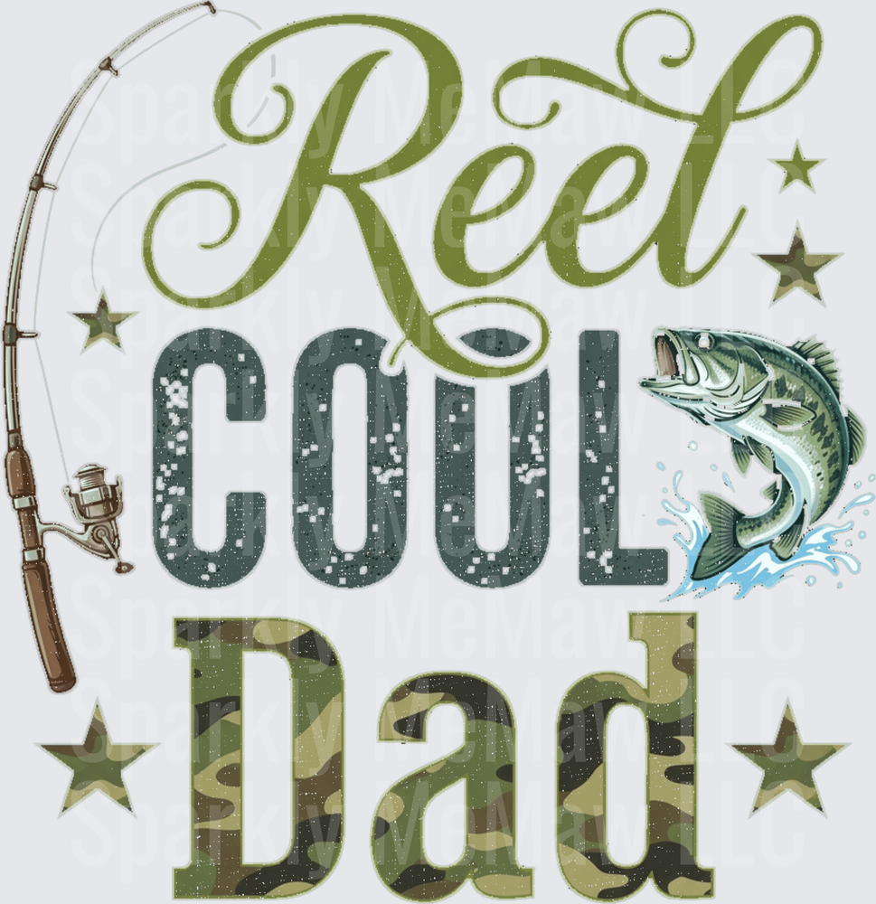 Reel Cool Dad Fishing Typography with Bass and Rod Stars UV DTF Decal