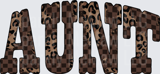 Brown Leopard Print and Checkered Pattern AUNTIE Letters DTF Transfer for Fabric