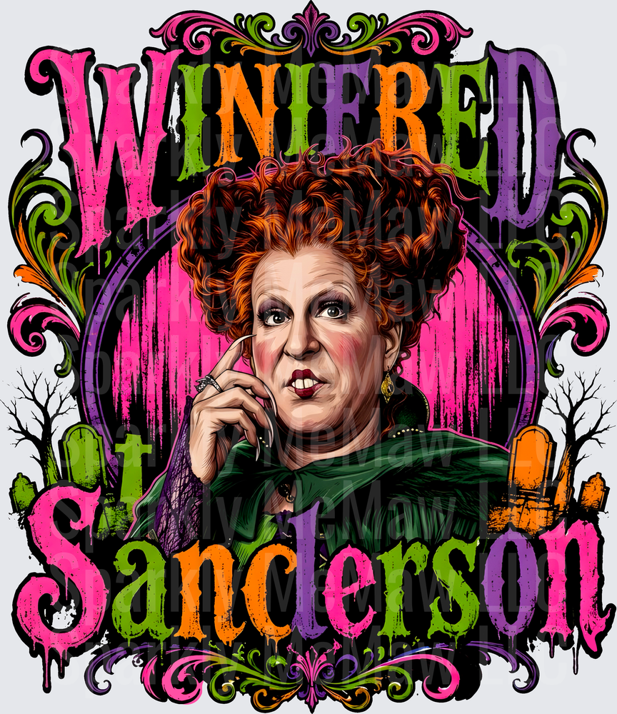 Winifred Sanderson Hocus Pocus Witch Portrait Halloween UV DTF Decal with Ornate Drip Typography and Graveyard Details