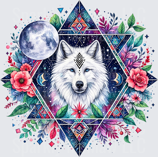 Mystical White Wolf Moon Geometric is a DTF Transfer for Fabrics