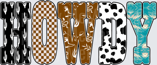 Howdy Western Patchwork Letters UV DTF Decal with Cactus Print Checkered Cow Print and Turquoise Crushed Velvet Patterns