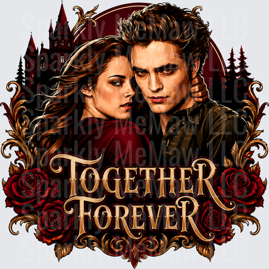 Twilight Bella and Edward Together Forever Gothic Romance Red Roses Castle DTF Transfer for fabrics