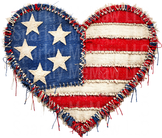 Patriotic Heart Shaped American Flag with Frayed Burlap Edges UV DTF Decal