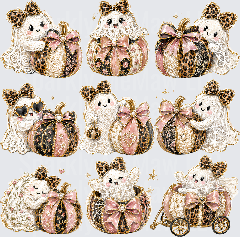 Cute Halloween Ghost and Pumpkin Pink Leopard Print Lace Bow Bundle UV DTF 10x10 element sheet