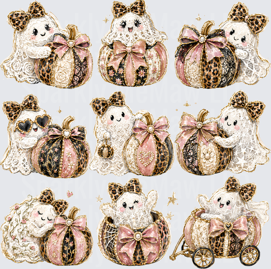 Cute Halloween Ghost and Pumpkin Pink Leopard Print Lace Bow Bundle UV DTF 10x10 element sheet