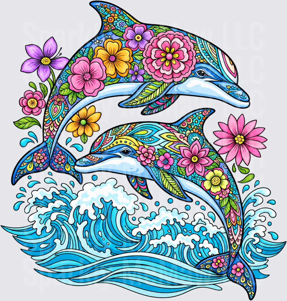 Two Mandala Dolphins Floral Waves is a DTF Transfer for Fabrics