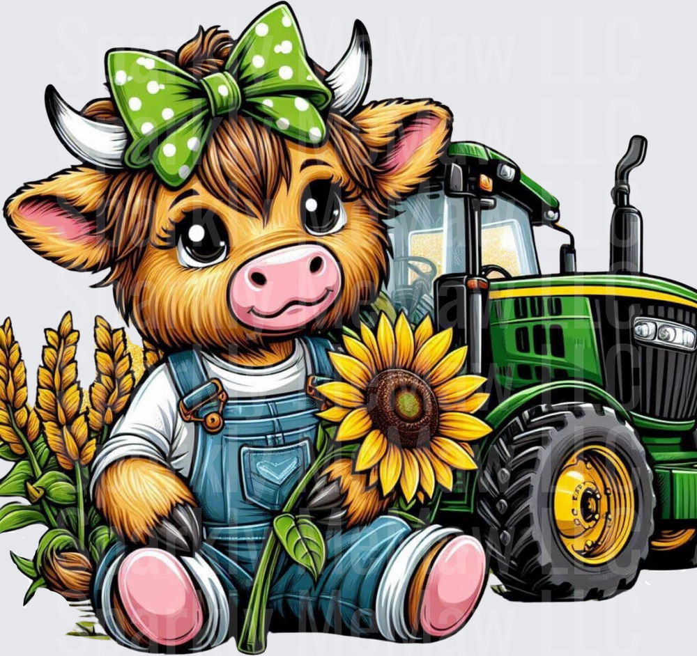 Cute Farmer Cow Girl with Green Bow and Tractor UV DTF Decal