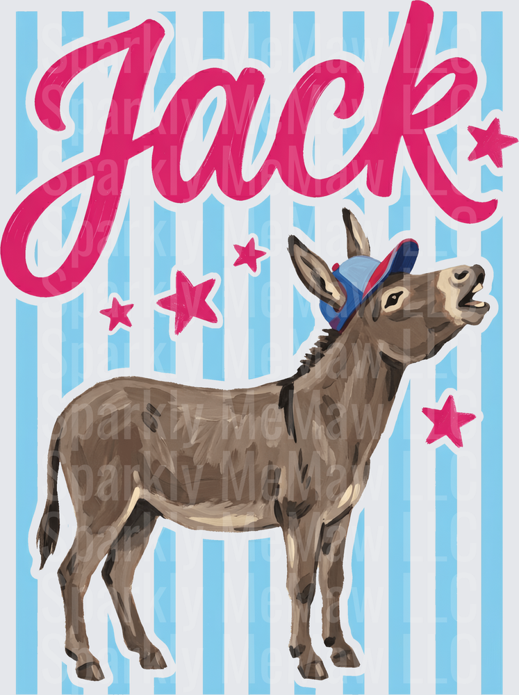 Jack Donkey with Red White Blue Patriotic Hat and Pink Stars on Blue Striped Background DTF Transfer for Fabric