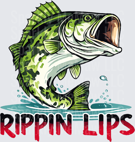 Largemouth Bass Fish Jumping Out of Water with Rippin Lips Text DTF Transfer for Fabric