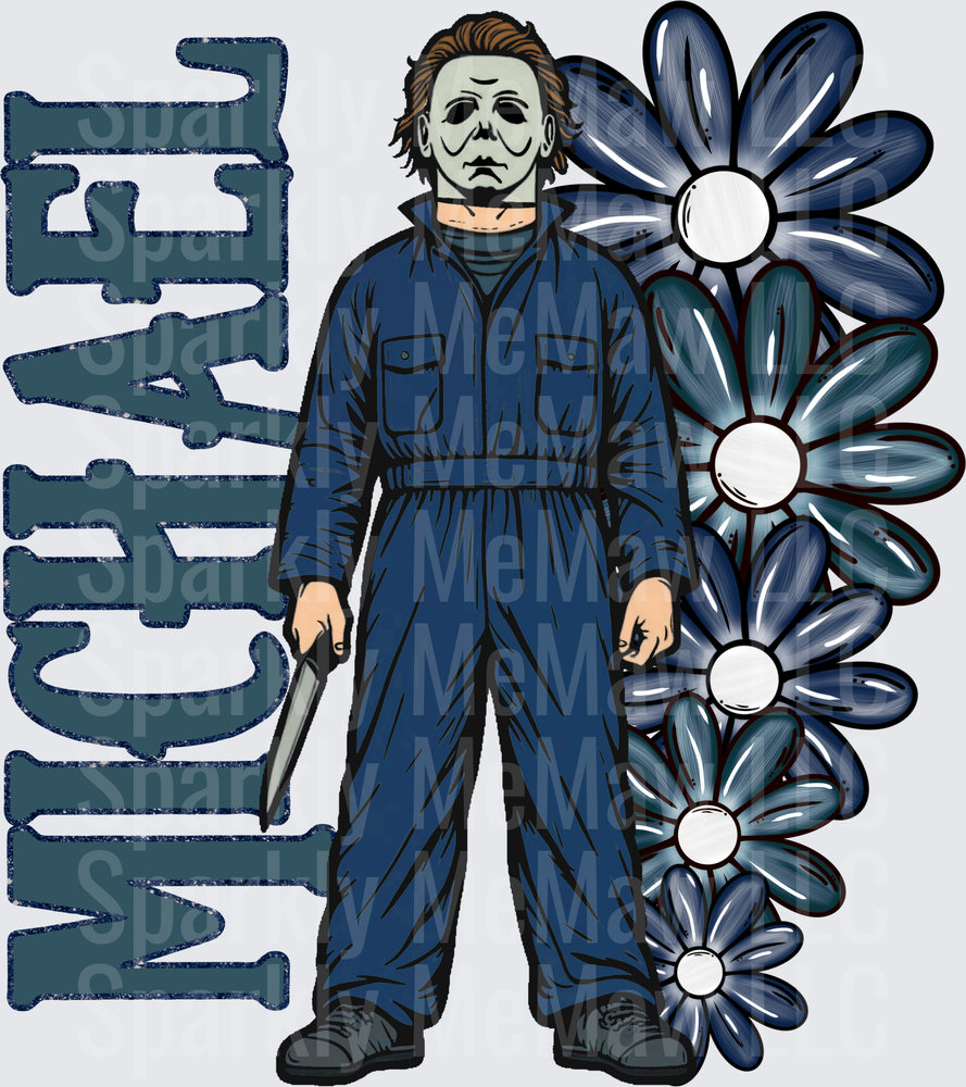 Michael Myers Horror Character with Blue Daisies UV DTF Decal