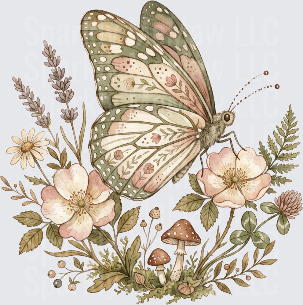 Vintage Botanical Butterfly with Wild Roses and Mushrooms UV DTF Decal