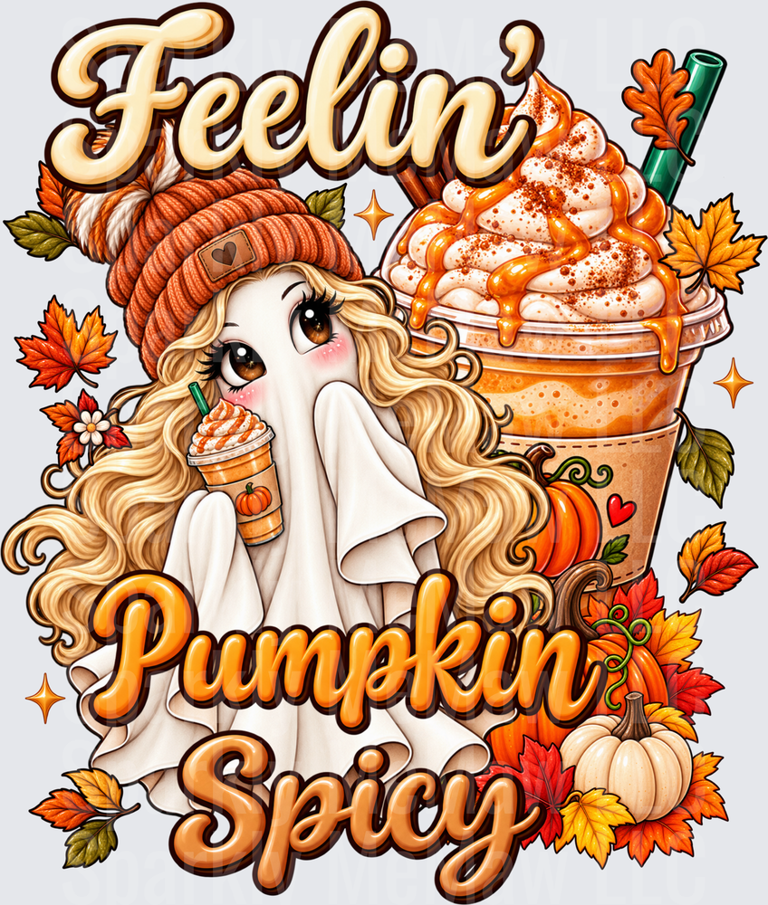 Feelin' Pumpkin Spicy Ghost Girl is a UV DTF Decal