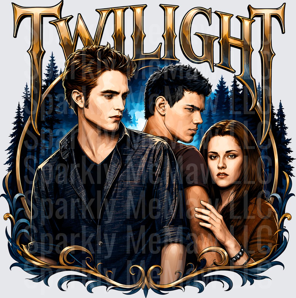 Twilight Edward Jacob and Bella Love Triangle Forest Moon Illustration DTF Transfer for fabrics
