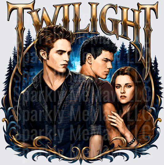 Twilight Edward Jacob and Bella Love Triangle Forest Moon Illustration DTF Transfer for fabrics