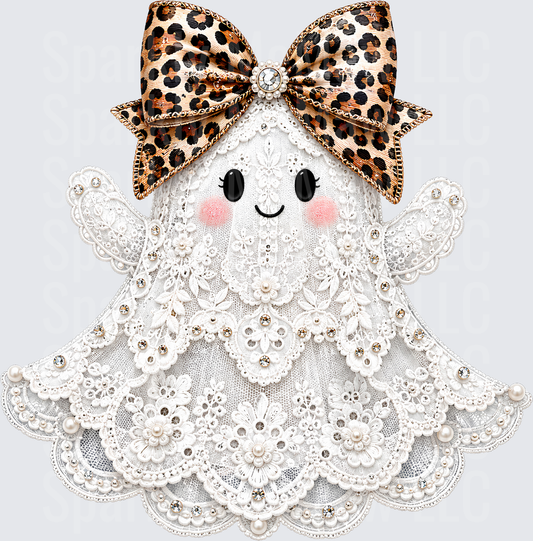 Cute Kawaii Ghost White Lace Floral Embroidery Pearls Rhinestones Leopard Print Bow DTF Transfer for Fabrics