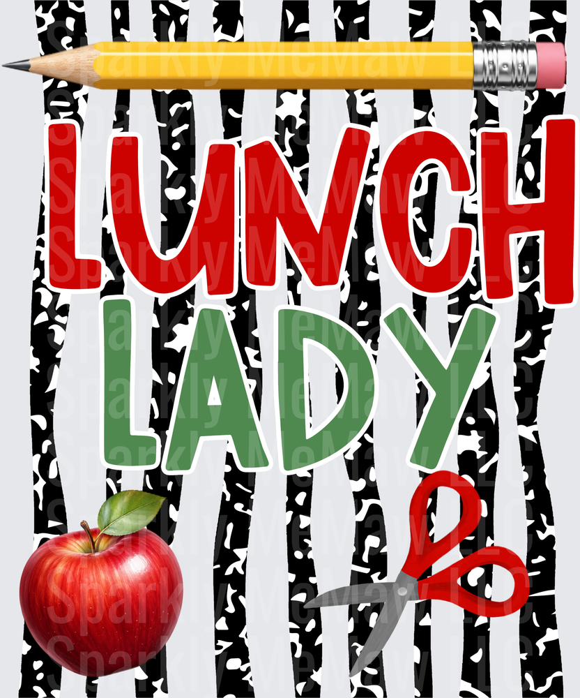 Lunch Lady School Cafeteria Worker Design with Apple Pencil and Scissors DTF Transfer for Fabric