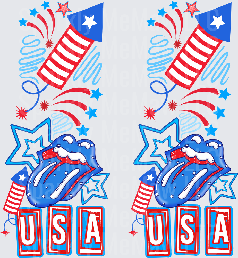 Patriotic USA Rolling Stones Lips Fourth of July Fireworks DTF Transfer for Fabric