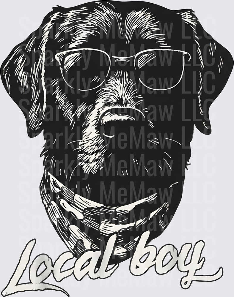 Black Lab Wearing Sunglasses and Bandana Local Boy uv dtf decal