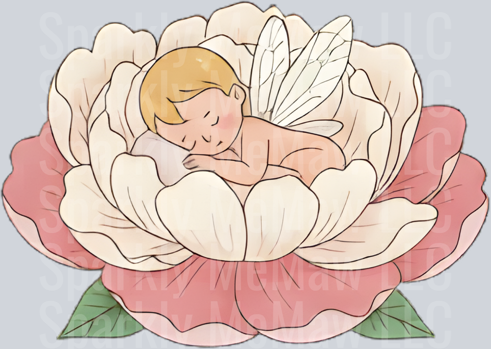 Sleeping Baby Fairy with Wings in Pink Peony Flower UV DTF Decal