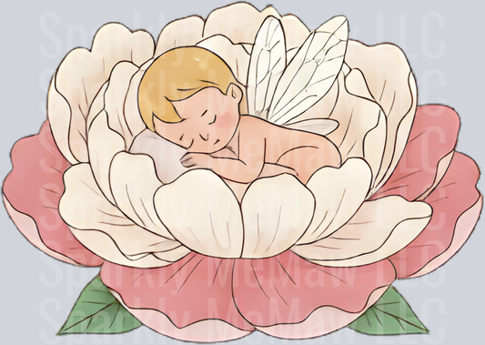 Sleeping Baby Fairy with Wings in Pink Peony Flower UV DTF Decal