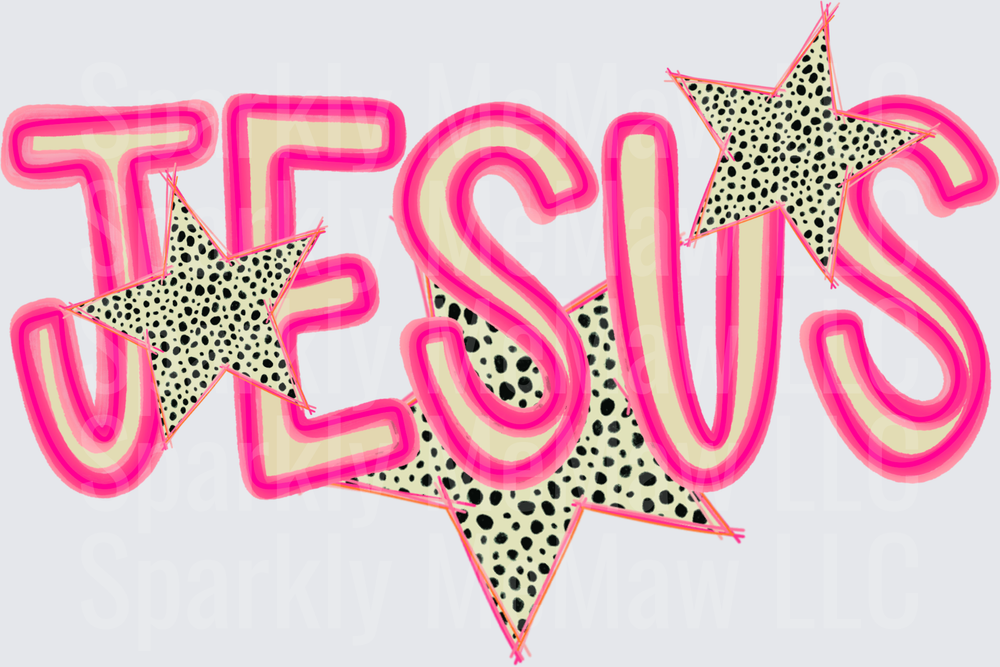 Jesus Text with Leopard Print Stars Christian Faith Design UV DTF Decal