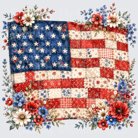 Patchwork Quilt American Flag with Red White Blue Floral Border - UV DTF Decal