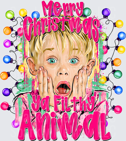 Home Alone Kevin McCallister Shocked Face Merry Christmas Ya Filthy Animal Holiday Lights DTF Transfer for Fabrics