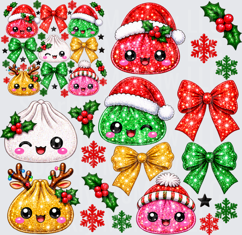 Kawaii Christmas Dumpling Characters this is a 10 inch cut and stick UV Decal Sheet