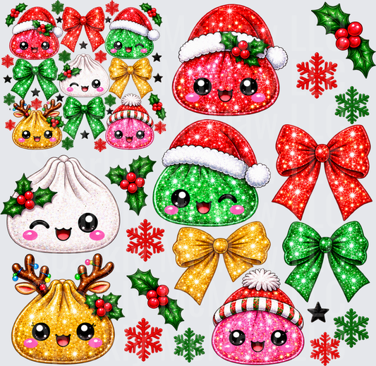 Kawaii Christmas Dumpling Characters this is a 10 inch cut and stick UV Decal Sheet