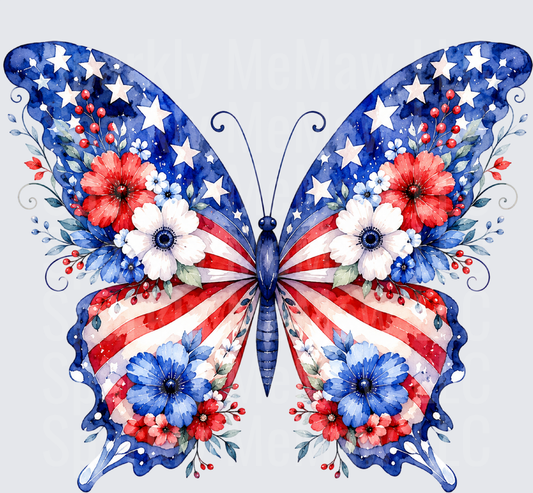Patriotic Butterfly with Stars Stripes and Watercolor Flowers UV DTF Decal