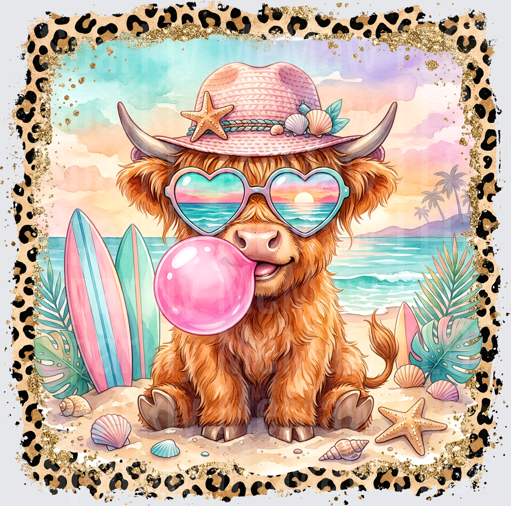 Highland Cow Blowing Bubble Gum Beach Vacation Leopard Border UV DTF Decal