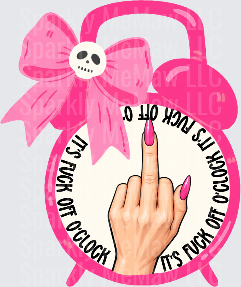 Pink Skull Bow Alarm Clock with Middle Finger It's Fuck Off O'Clock UV DTF Decal
