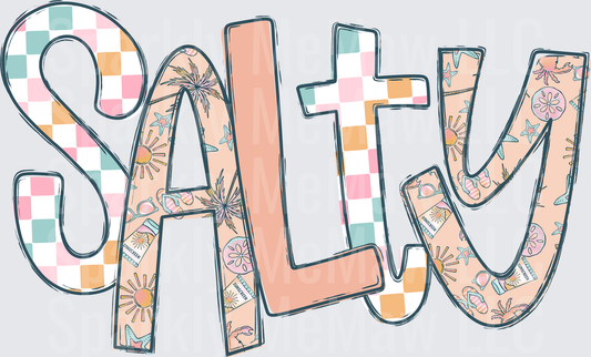 Salty Beach Vibes Checkered Pattern with Tropical Summer Elements UV DTF Decal