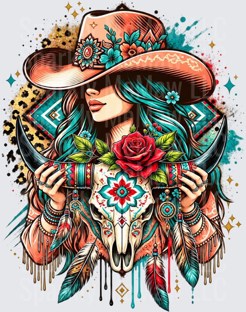 Boho Cowgirl Bull Skull UV DTF Decal